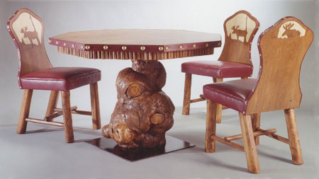 Burl Game Table with Hand Carved Chairs
